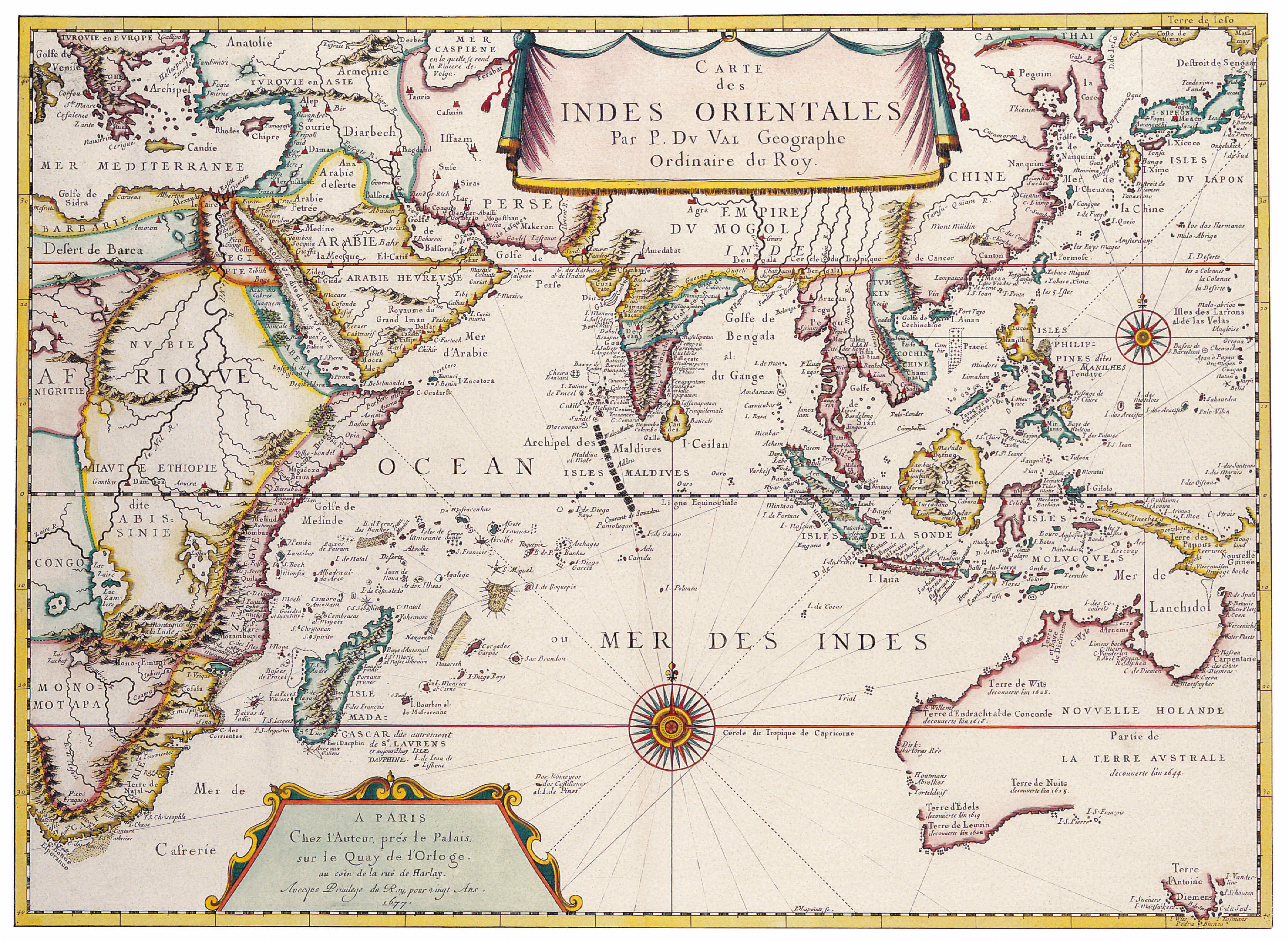 This meme is a screenshot of a map from a 17th-century atlas, specifically the "Carte des Indes Orientales" by Guillaume Delahaye. The image shows a stylized map of the Indian Ocean and surrounding regions, with various countries and cities labeled in French. At the top of the image, a banner reads "Carte des Indes Orientales" in French, and at the bottom, a smaller text says "In the year 1690, the French East India Company was established".